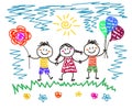 Various kids and balloons on a white background. Children`s drawing.